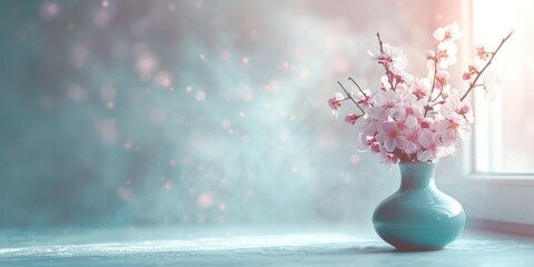 a blue vase with cherry blossoms sits on top of a table