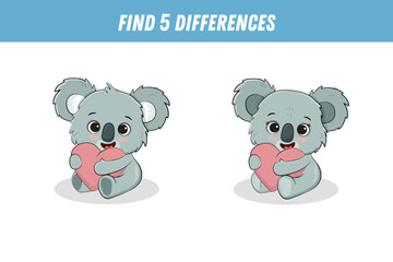 Find 5 differences between two pictures of cute koala. Cartoon koala with heart. Activity page. Vector