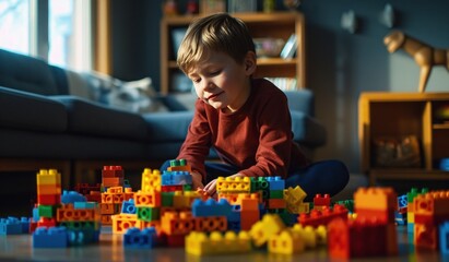 a boy is playing with blocks in his livingroom - obrazy, fototapety, plakaty
