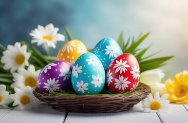 Easter, colorful painted eggs in a nest, eggs decorated with ornaments and a pattern of flowers, a wicker basket, spring flowers