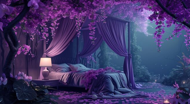 bedroom with purple orchids in autumn landscape,, dreamy and romantic compositions