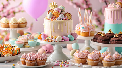 A delightful Easter dessert spread featuring an assortment of sweet treats such as cakes, cupcakes, and cookies adorned with Easter-themed decorations, creating a visually tempting - obrazy, fototapety, plakaty