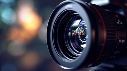 Video camera lens close up. 21 to 9 aspect ratio    - obrazy, fototapety, plakaty
