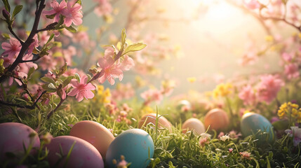 A charming Easter sunrise scene with a backdrop of painted eggs, blooming flowers, and soft morning light, creating a visually stunning representation of the renewal and joy associ
