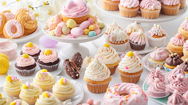 A delightful Easter dessert spread featuring an assortment of sweet treats such as cakes, cupcakes, and cookies adorned with Easter-themed decorations, creating a visually tempting