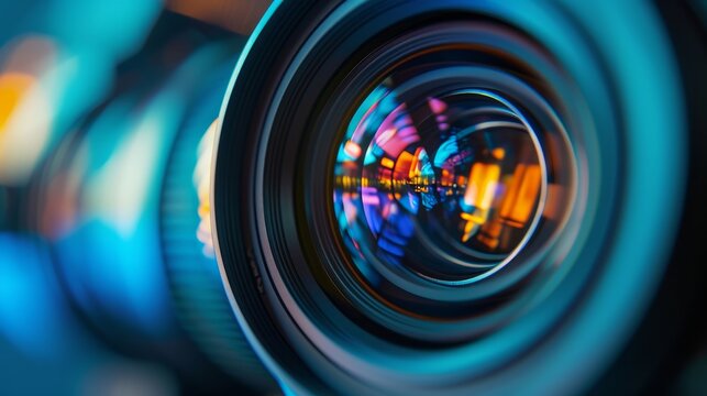 Video camera lens close up. 21 to 9 aspect ratio    
