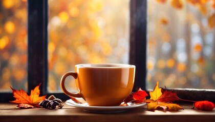 Naklejka na ściany i meble Cup of coffee with autumn leaf on the window decoration