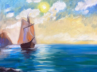 The original oil painting. Seascape. A ship with sails. Wall, contemporary art. 