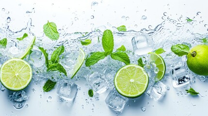 Water splash on white background with lime slices, mint leaves, and ice cubes as a concept for summertime libations    