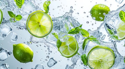 Water splash on white background with lime slices, mint leaves, and ice cubes as a concept for summertime libations    