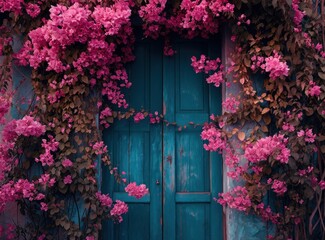 a blue door is covered with pink flowers