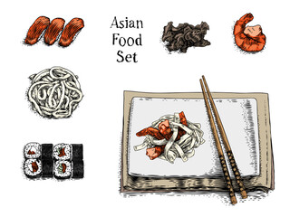 Drawing of lot of asian food