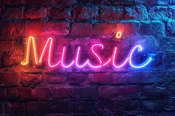 A neon sign that says music on a brick wall