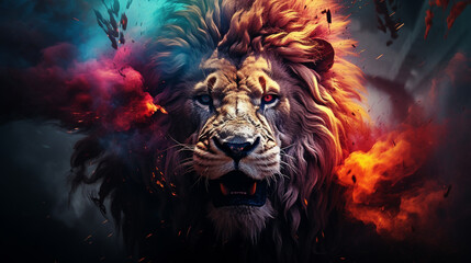 realistic Angry Lion face zoo park Vector Artwork, Lion king , splash smoke rainbow background  , Generate AI