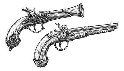 Ancient musket pistol with wooden grip. Flintlock gun sketch. Hand drawn sketch vintage vector illustration