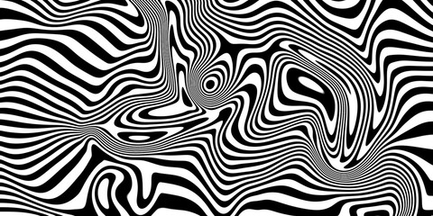 Abstract Geometric Distirted White Wave on Black Background. Striped twisted voluminous black and white wavy background.