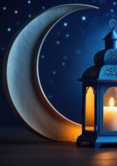 Obraz na płótnie Canvas vertical banner, blue background, Laylat al-Qadr, Eid al-Fitr, holy month of Ramadan, hanging Egyptian lantern fanus, candles and moon, magical atmosphere