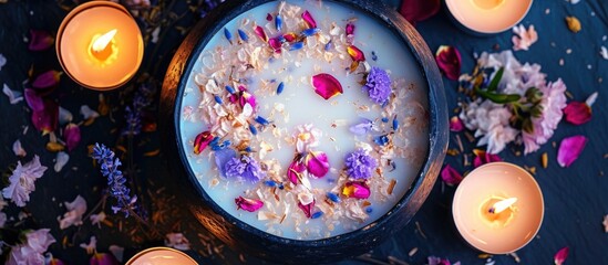 Full moon ritual for body and mind with flowers, coconut milk, candles, salt, lavender, and rose petals.