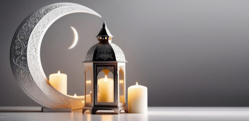 horizontal banner, light silver background, Laylat al-Qadr, Eid al-Fitr, holy month of Ramadan, hanging Egyptian lantern fanus, candles and moon, magical atmosphere