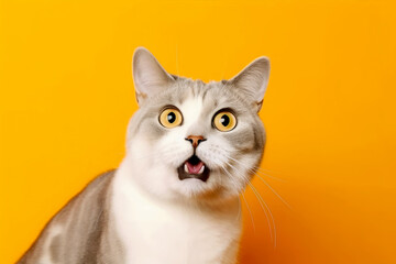 Funny surprised cat isolated on bright orange background. Studio portrait of a cat with amazed face.