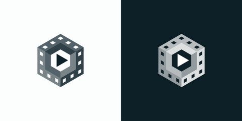 Cube shape film strip vector logo design with three dimensional effect.