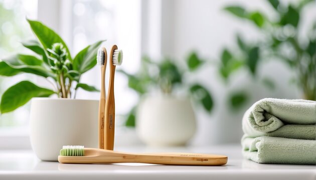 Bamboo toothbrushes in holder, towel, houseplant, Clean, white bathroom