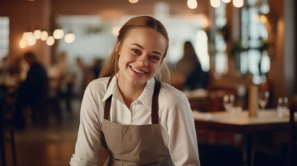 Closeup portrait of a smiling coffee shop female employee on a blurred cafe interior background