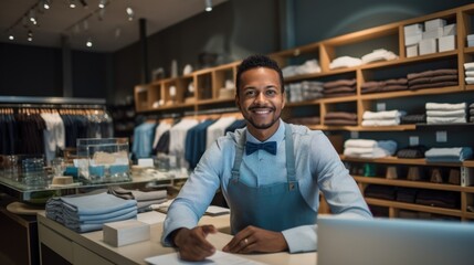 Fototapeta premium Closeup male clothing store worker at the checkout counter