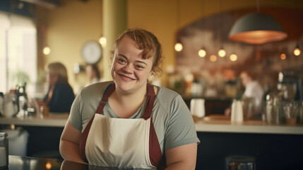 Closeup portrait of a smiling coffee shop female employee with Down syndrome on a blurred cafe interior background