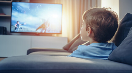 A boy sitting on the sofa in a living room and watching television, back view angle - obrazy, fototapety, plakaty