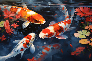 Obraz na płótnie Canvas Koi pond, koi fish, fish pond, illustration of a fish pond, asian koi