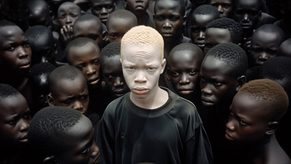 An African albino boy stands in the center of a crowd of other dark-skinned peoples. The concept of being different. Not like everyone else. Loneliness. Isolation, one amidst the crowd.
