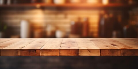 Blurry kitchen backdrop with wooden tabletop. - obrazy, fototapety, plakaty