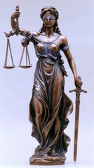 A statue of lady justice holding a sword and a scale - obrazy, fototapety, plakaty