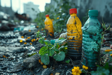 Einige Flaschen und Plastikmüll bedeckten den Boden  mit einer Pflanze - obrazy, fototapety, plakaty