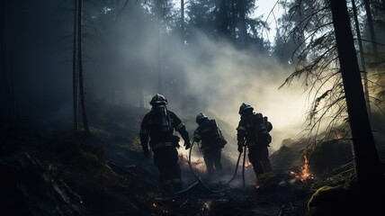 Firefighters Tackling Intense Forest Blaze - obrazy, fototapety, plakaty