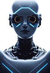 Sci-Fi humanoid robot, augmented reality glasses, 3D conceptual art illustration, vertical portrait, spooky cyborg mechanism, science fiction movie character.