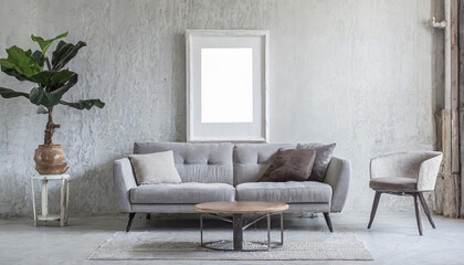 Loft home interior design of modern living room. Grey fabric sofa against  wall with  empty white poster frame.