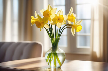 Fresh spring flowers narcissus bouquet in glass vase on table modern light interrior mothers day valentines