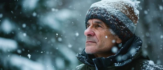 Fotobehang Portrait of elegant old man grandad grandfather grandpa in winter falling snow flakes. Senior with gray hair rejoices snow white and clean with copy space. Generate AI © Mickael
