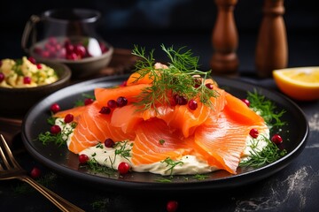 Delicious Smoked Salmon served with a Creamy and Flavorful Fish Sauce, berries and dill on plate