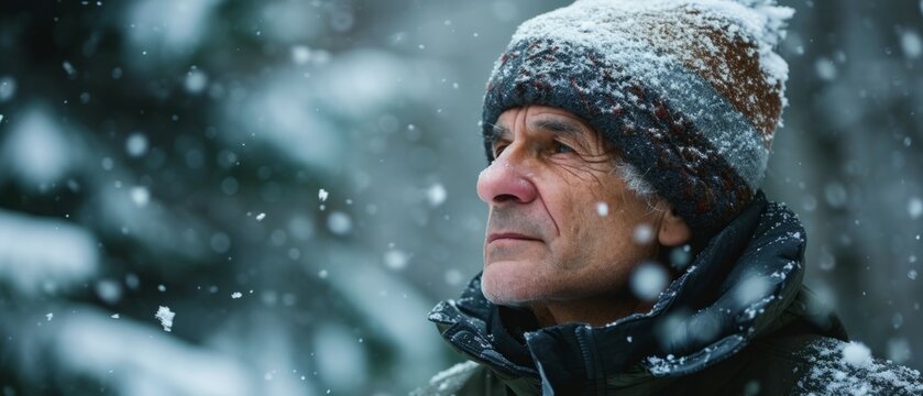 Portrait of elegant old man grandad grandfather grandpa in winter falling snow flakes. Senior with gray hair rejoices snow white and clean with copy space. Generate AI