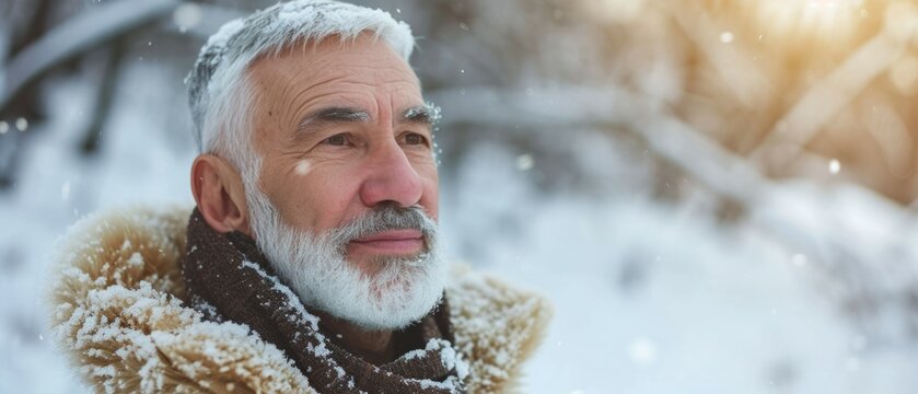 Portrait of elegant old man grandad grandfather grandpa in winter falling snow flakes. Senior with gray hair rejoices snow white and clean with copy space. Generate AI
