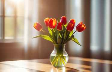 Fresh spring flowers red and yellow tulips bouquet in glass vase on table modern light interrior mothers day valentines