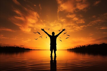 Fototapeta premium Triumphant Silhouette. Gesture of Victory, Freedom and Triumph Over Challenges - Mental Health Concept