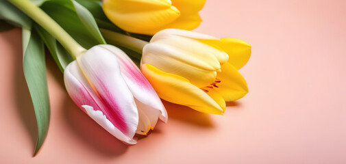 Fototapeta premium light coral peach color tulips flowers bouquet spring floral banner space for text copyspace