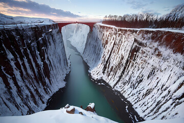Mountain valley covered with snow. Generative AI.
