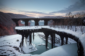 Broken bridge covered in snow. Generative AI.