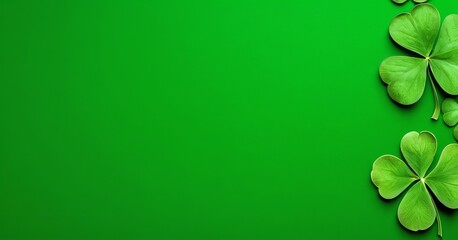 Green clover leaf for good luck on St. Patrick's Day, bright green backdrop