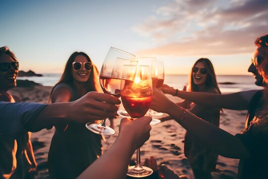 group of diverse young people party drinking wine on the beach - Powered by Adobe